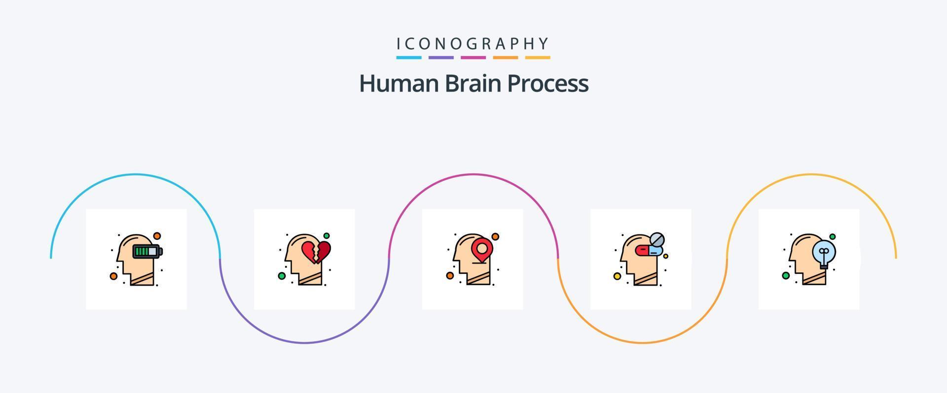 ligne de processus du cerveau humain remplie de 5 icônes plates, y compris la communication. en bonne santé. briser le cœur. soins de santé. esprit vecteur