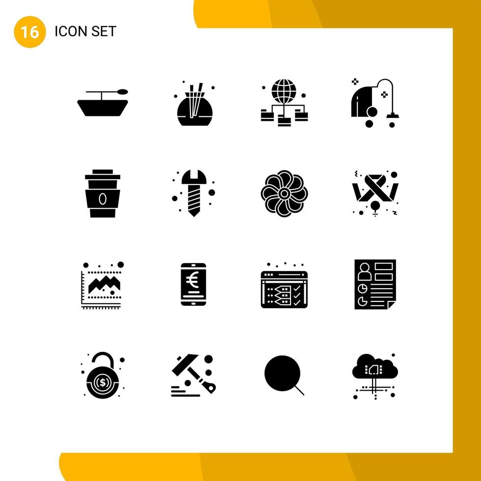 pack de 16 signes et symboles de glyphes solides modernes pour les supports d'impression web tels que les éléments de conception vectoriels modifiables de café de nettoyage rapide de bricolage vecteur