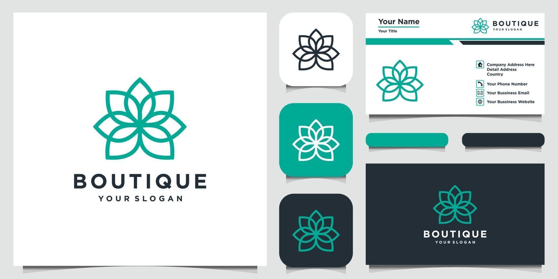 fleur abstraite avec création de logo de style art en ligne et carte de visite vecteur