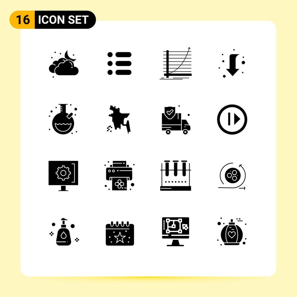 ensemble de 16 glyphes solides vectoriels sur la grille pour le laboratoire flèche complète vers le bas objectif éléments de conception vectoriels modifiables vecteur
