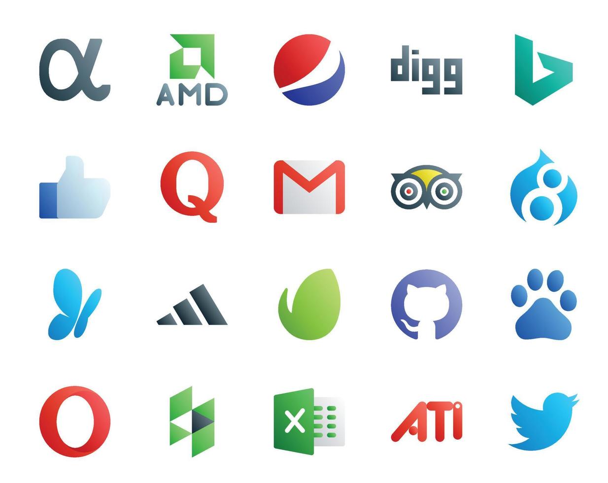 pack de 20 icônes de médias sociaux, y compris github adidas gmail msn travel vecteur