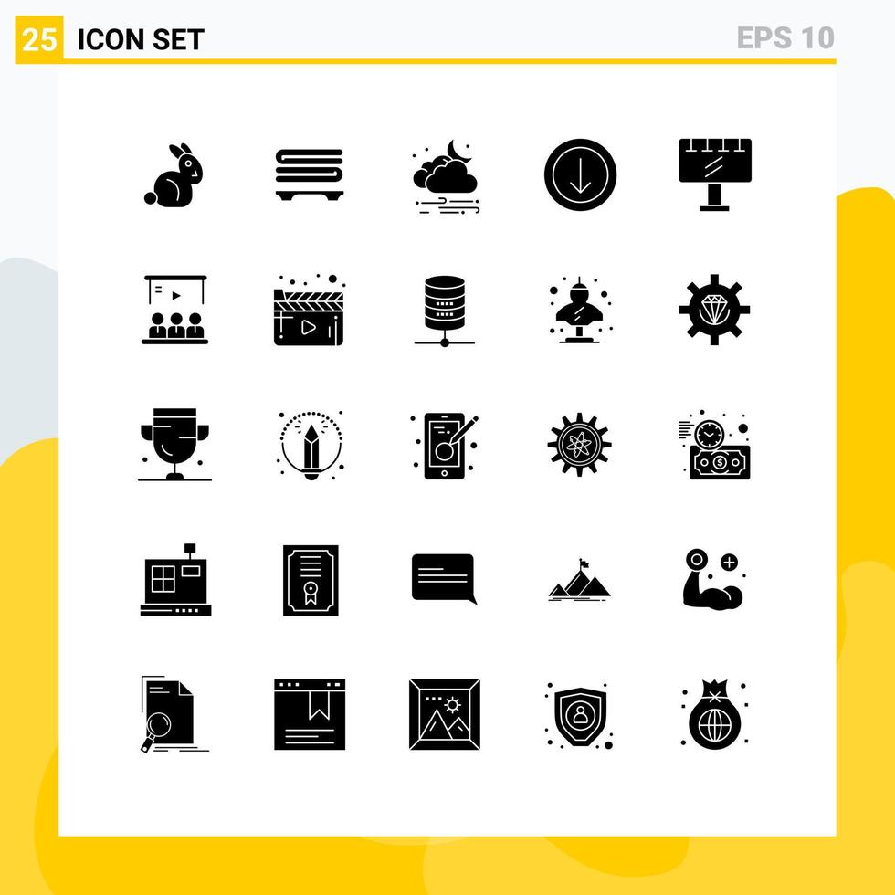 groupe de 25 signes et symboles de glyphes solides pour le panneau de signalisation venteux vers le bas des éléments de conception vectoriels modifiables vecteur