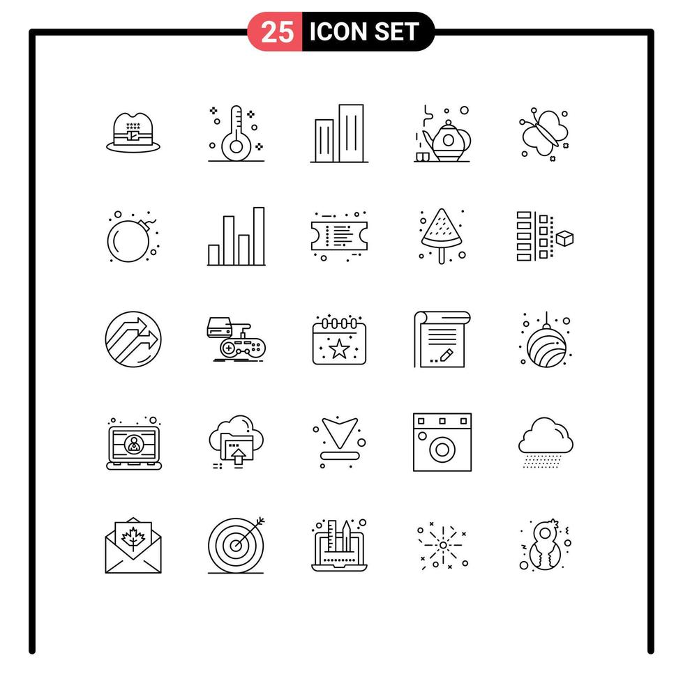 symboles d'icônes universels groupe de 25 lignes modernes de thé vert mouche architecture théière gratte-ciel éléments de conception vectoriels modifiables vecteur