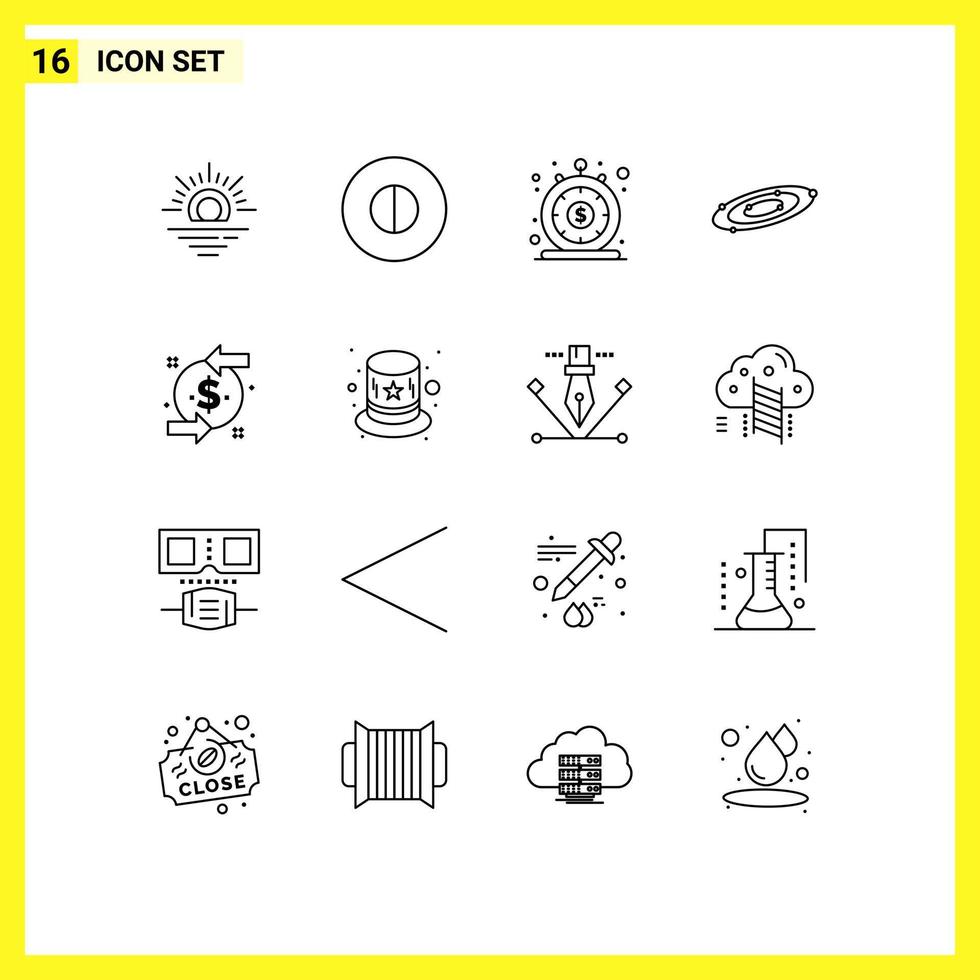 16 ensemble de contours d'interface utilisateur de signes et symboles modernes d'éléments de conception vectorielle modifiables d'astronomie du système de prêt de l'univers de rétrofacturation vecteur