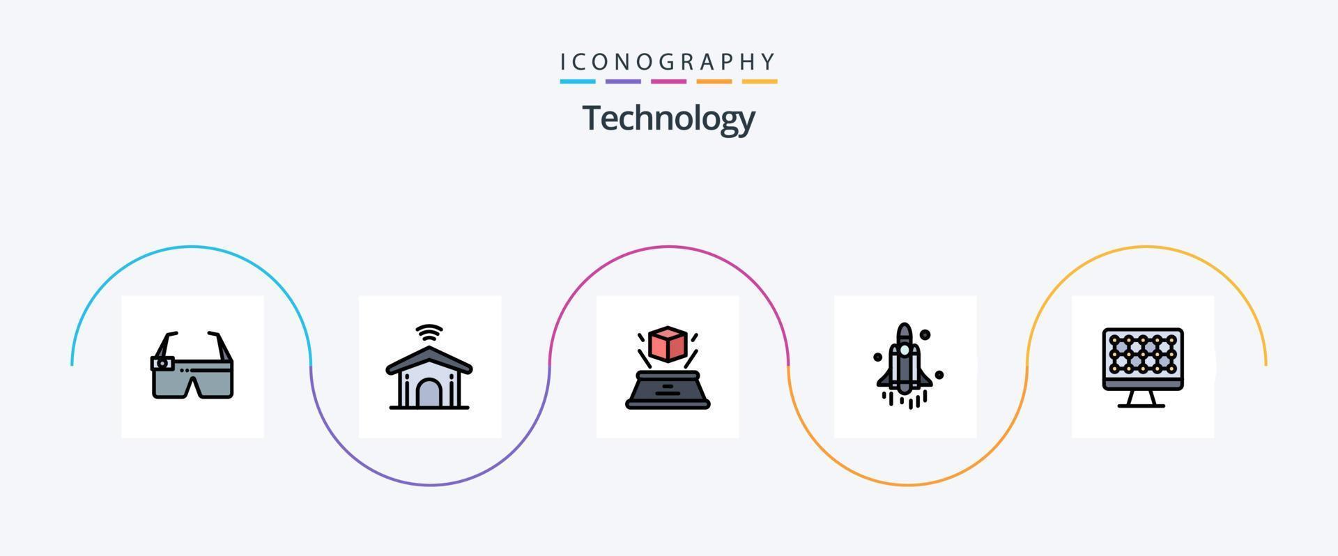 ligne de technologie remplie de pack d'icônes plat 5, y compris l'ordinateur. espace. 3d.fusée. présentation vecteur