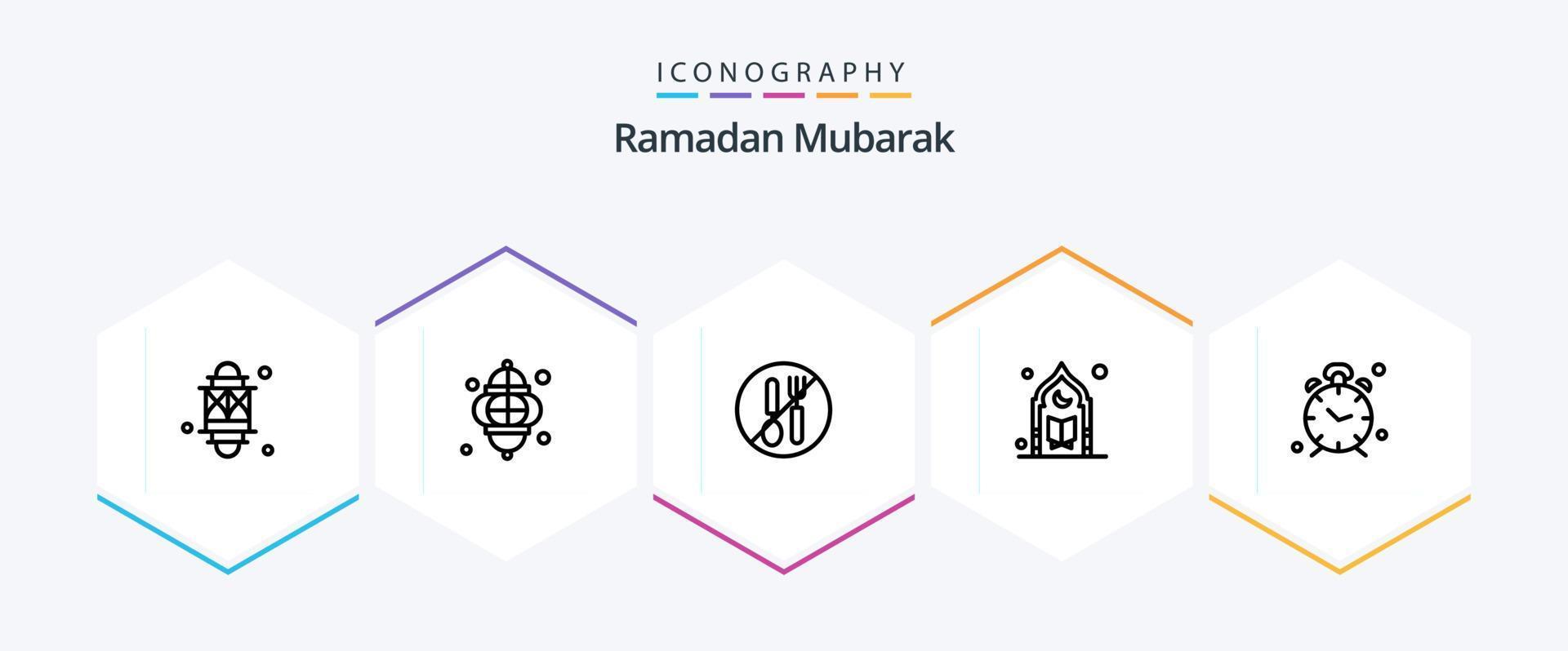 pack d'icônes ramadan 25 lignes comprenant une horloge. alarme. cuillère. lune. mosquée vecteur