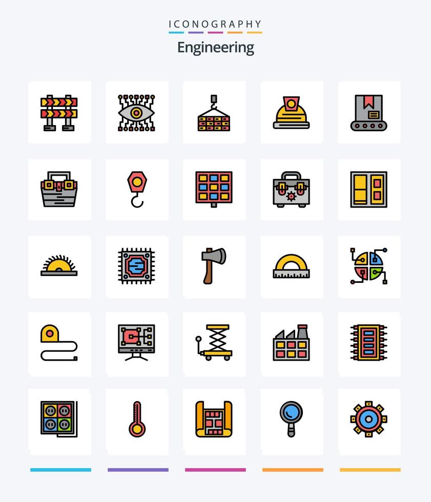pack d'icônes remplies de 25 lignes d'ingénierie créative telles que la boîte. grue. construction. construction. casque vecteur