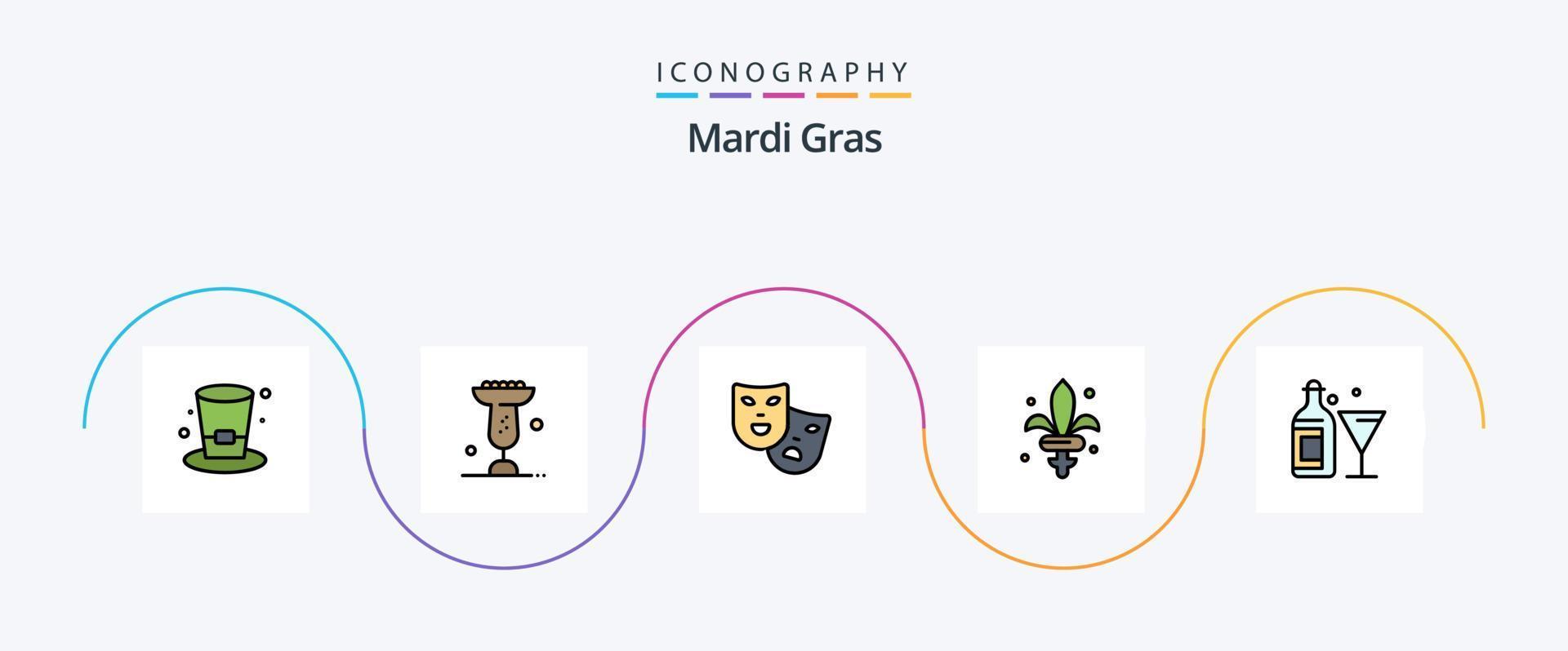 ligne de mardi gras remplie de 5 icônes plates comprenant une boisson. mardi Gras. masques. arme. jeu vecteur