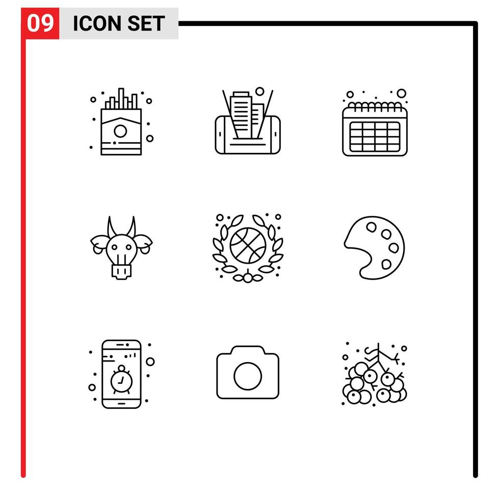 groupe de 9 contours modernes définis pour le calendrier du crâne de basket-ball animaux indiens éléments de conception vectoriels modifiables vecteur