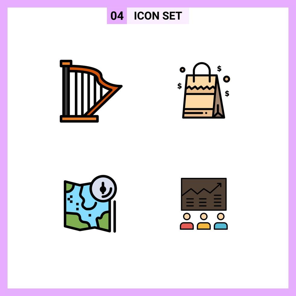 4 concept de couleur plate fillline pour sites Web mobiles et applications carte audio musique sac à main gps éléments de conception vectoriels modifiables vecteur