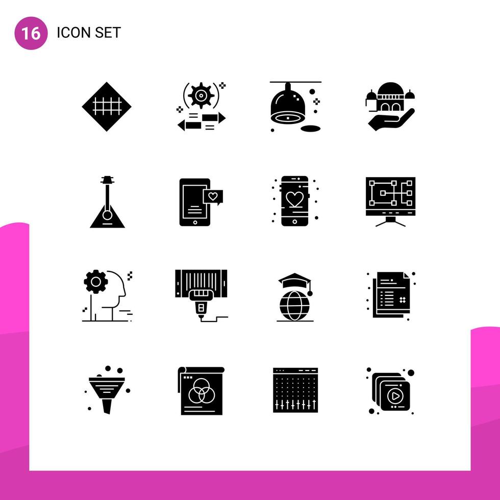 ensemble moderne de 16 glyphes et symboles solides tels que don main gauche fruits de la mosquée éléments de conception vectoriels modifiables vecteur