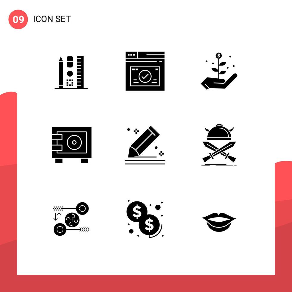 9 concept de glyphe solide pour les sites Web mobiles et les applications crayon composent des éléments de conception vectoriels modifiables d'argent de casier de croissance vecteur