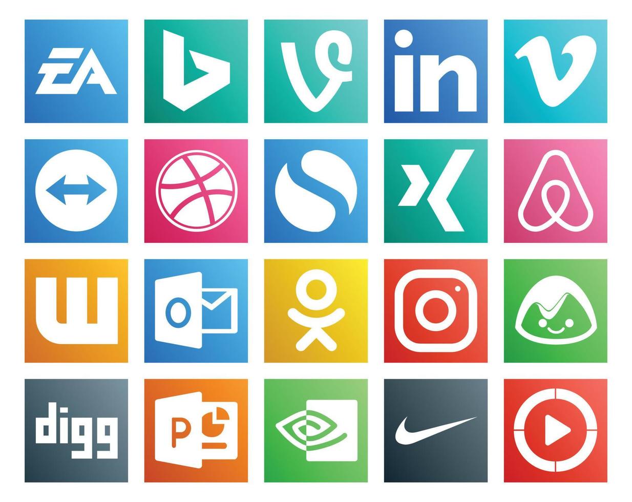 pack de 20 icônes de médias sociaux, y compris basecamp odnoklassniki teamviewer outlook air bnb vecteur