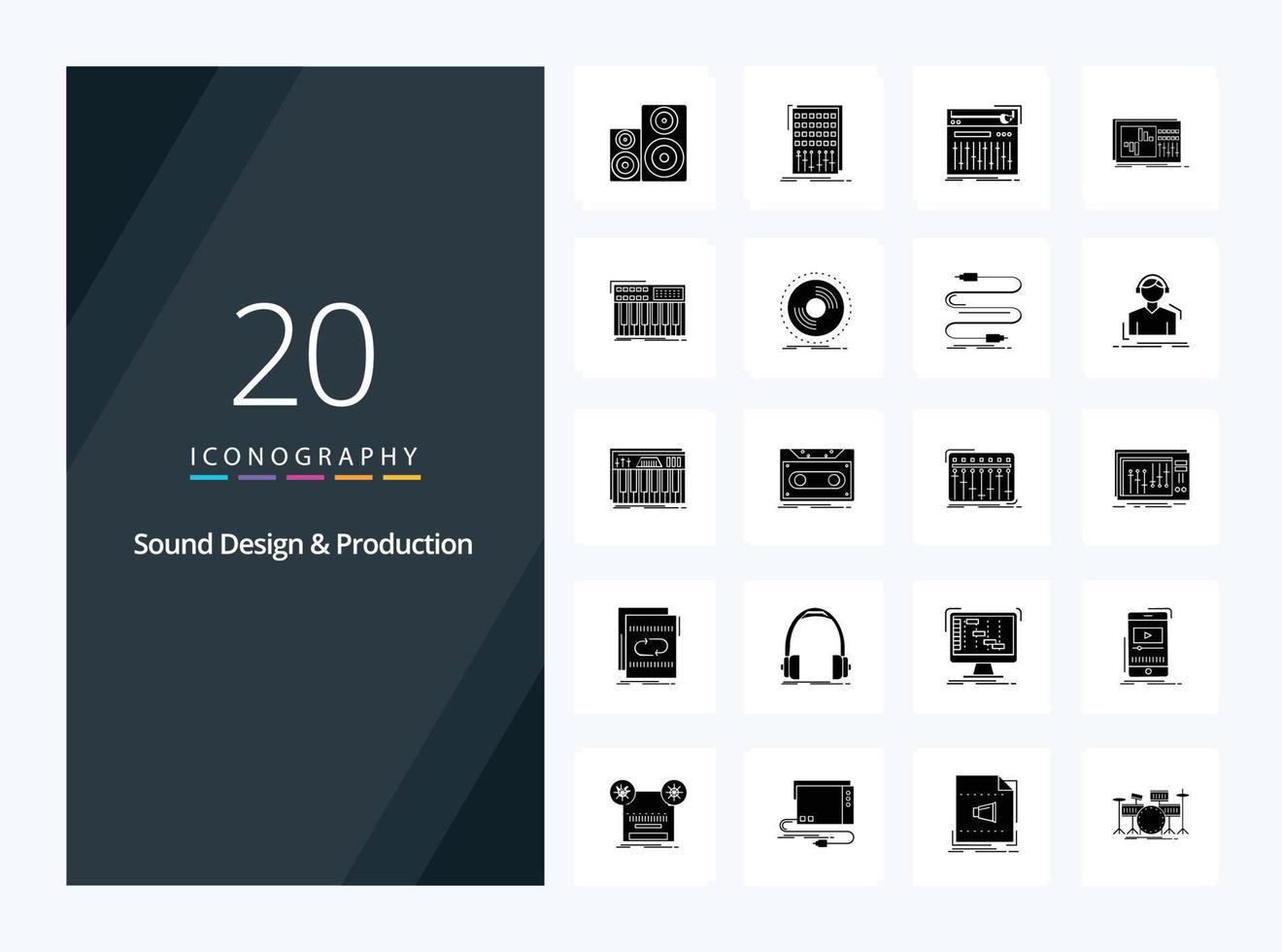20 icône de glyphe solide de conception sonore et de production sonore pour la présentation vecteur
