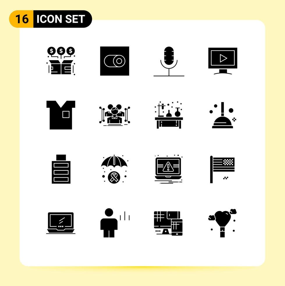 groupe de 16 glyphes solides modernes définis pour les vêtements vidéo audio enregistrement d'écran éléments de conception vectoriels modifiables vecteur