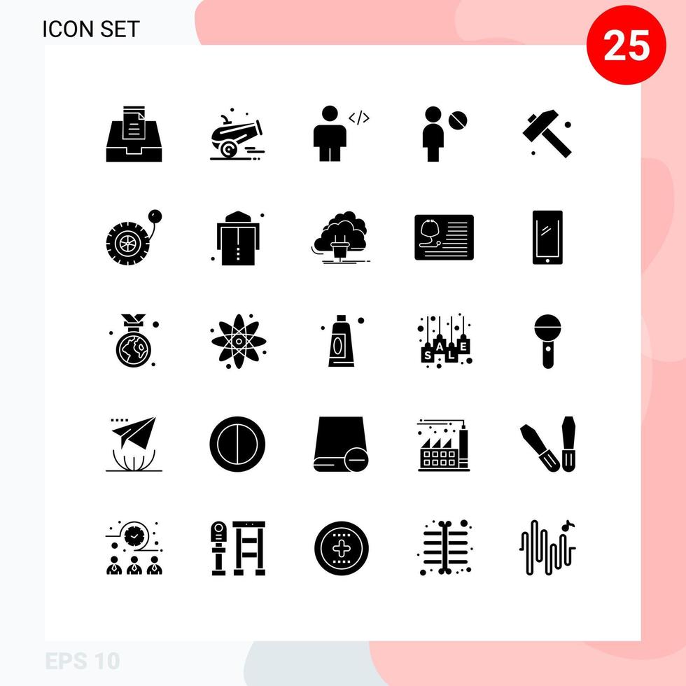 ensemble moderne de 25 pictogrammes de glyphes solides d'éléments de conception vectoriels modifiables par l'utilisateur de profil de corps de construction d'outils vecteur