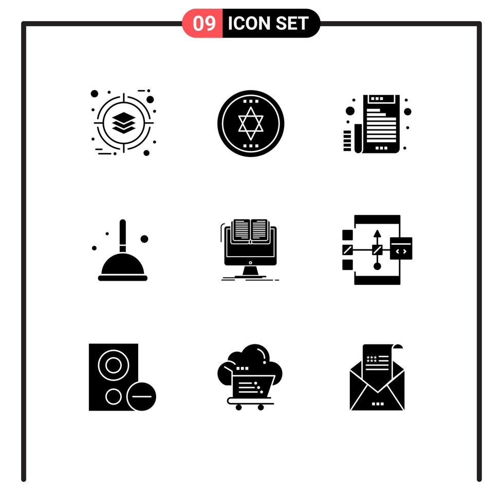 9 glyphes solides vectoriels thématiques et symboles modifiables de la sorcière de courrier électronique de document informatique nettoyant des éléments de conception vectoriels modifiables vecteur