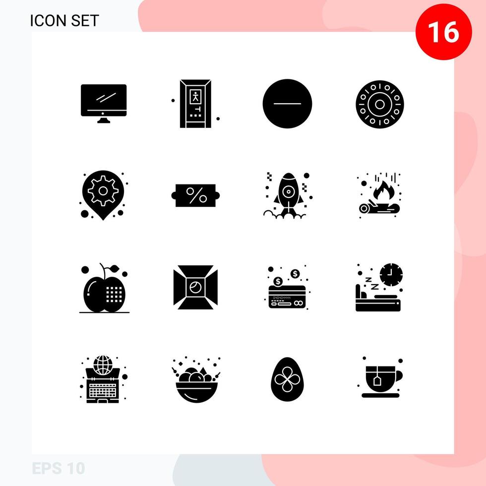ensemble de pictogrammes de 16 glyphes solides simples d'engrenage de carte supprimer les éléments de conception vectoriels modifiables de beignet alimentaire vecteur
