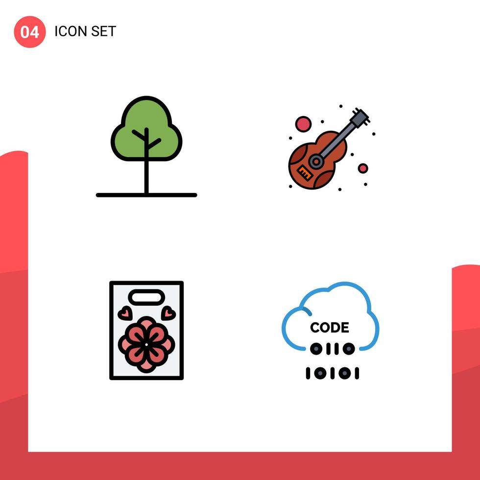 pack de couleurs plates remplies de 4 symboles universels d'éléments de conception vectoriels modifiables de nuage musical de guitare d'amour d'arbre vecteur
