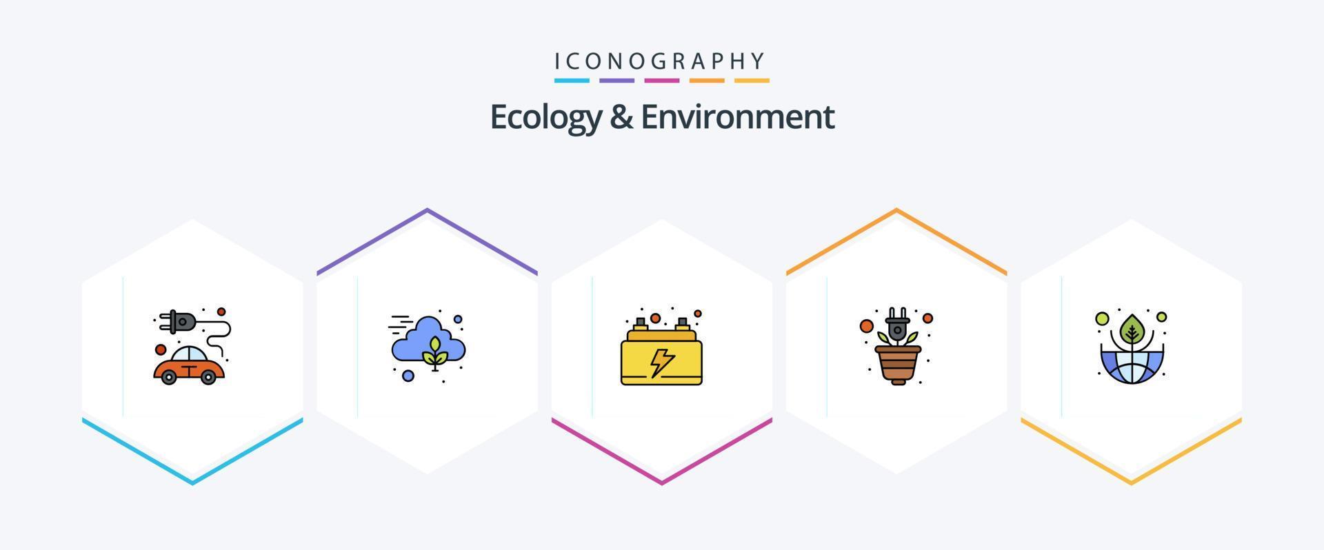 écologie et environnement 25 pack d'icônes fillline, y compris le vert. brancher. voiture. usine. vert vecteur