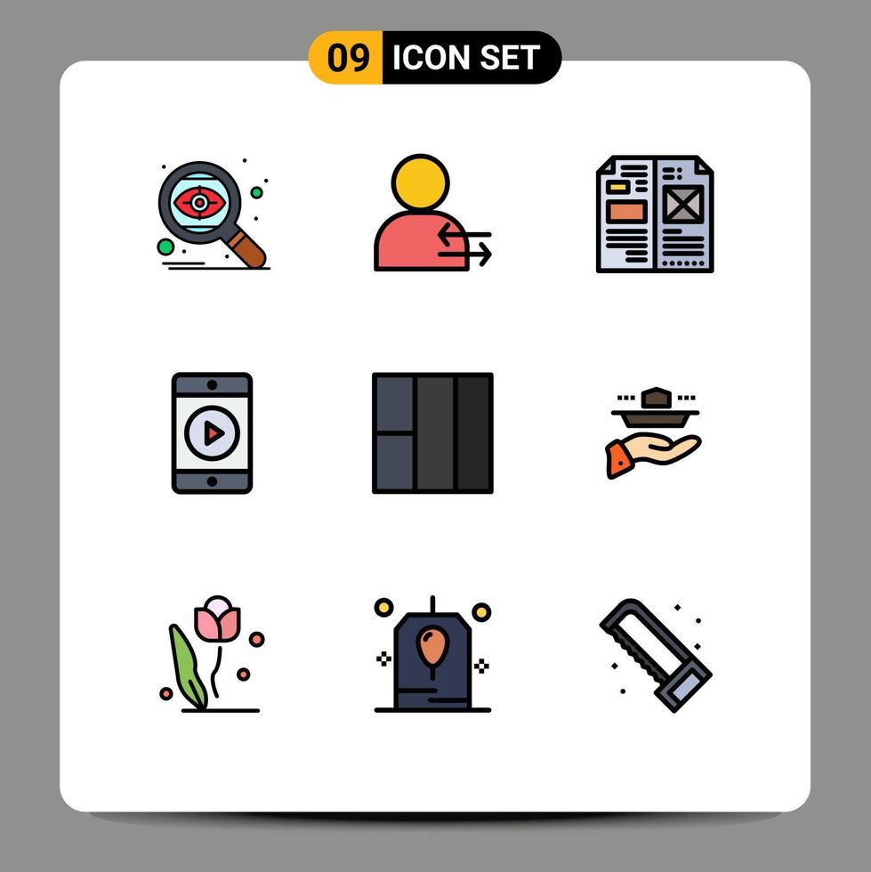 interface mobile filledline couleur plate ensemble de 9 pictogrammes de mise en page jouer livre film média éléments de conception vectoriels modifiables vecteur