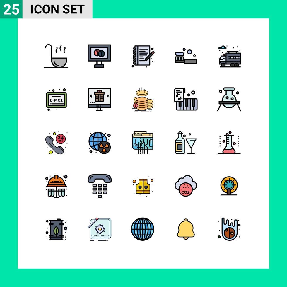 25 couleurs plates universelles de ligne remplie définies pour les applications Web et mobiles camion ville écrire brosse à dents nettoyage éléments de conception vectoriels modifiables vecteur