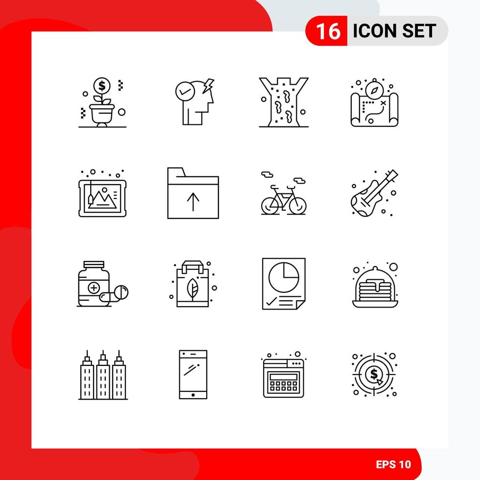 16 signes de contour universels symboles de l'art camping mode d'alimentation activer l'emplacement éléments de conception vectoriels modifiables médicaux vecteur