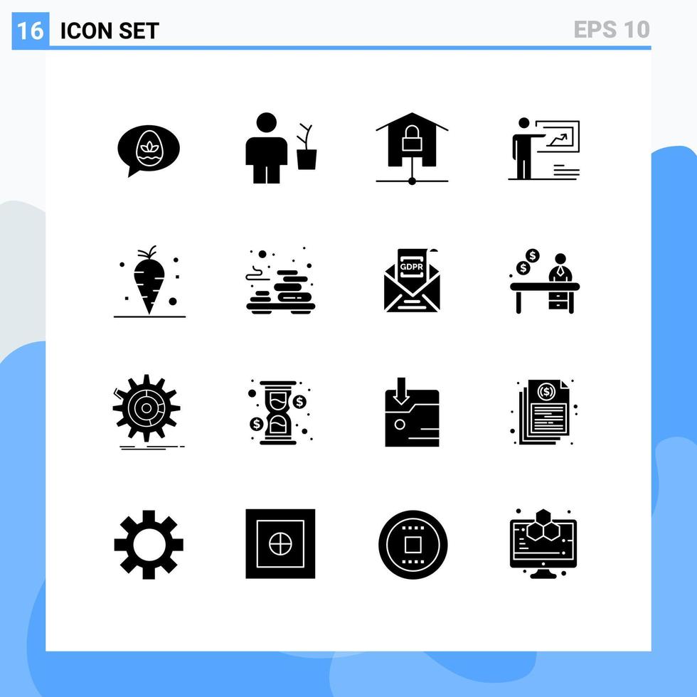 ensemble moderne de 16 pictogrammes de glyphes solides de présentation de pot de solution d'entreprise éléments de conception vectoriels modifiables verrouillés vecteur