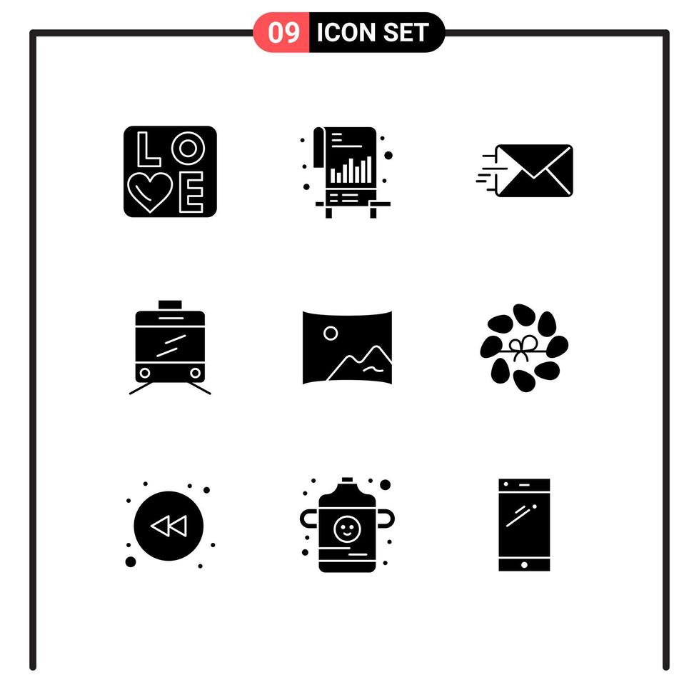 ensemble moderne de 9 pictogrammes de glyphes solides de décoration film email divertissement transport éléments de conception vectoriels modifiables vecteur