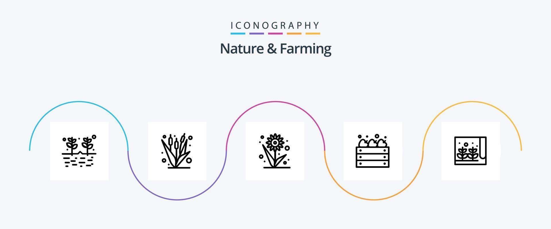 nature et agriculture ligne 5 pack d'icônes, y compris la ferme. cultiver. maïs. pommes. tournesol vecteur