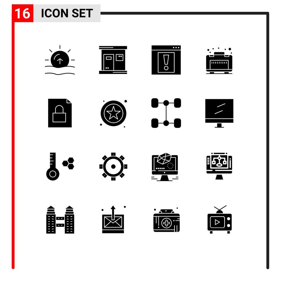 ensemble de pictogrammes de 16 glyphes solides simples de document de verrouillage contact cas de voyage éléments de conception vectoriels modifiables vecteur