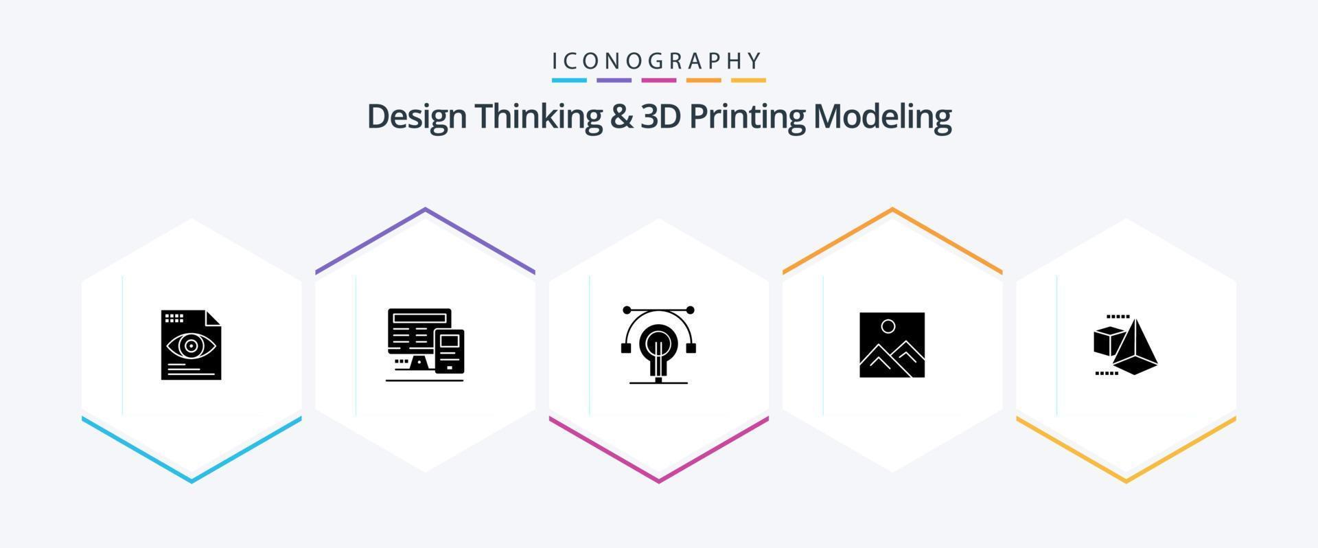 design thinking et d printing modeling pack d'icônes de 25 glyphes, y compris la boîte. éducation. ampoule. image. cadre vecteur