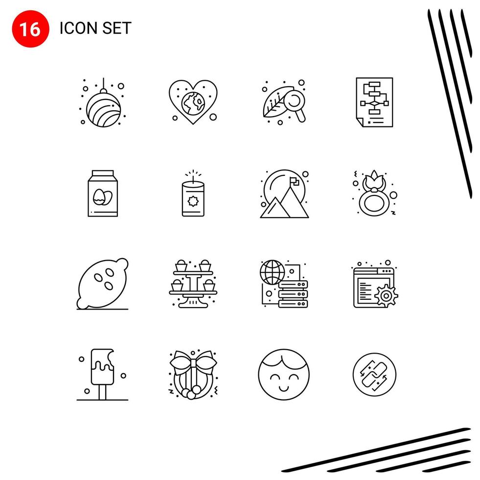 ensemble de pictogrammes de 16 contours simples d'éléments de conception vectoriels modifiables de feuille d'amour d'entreprise de processus vecteur