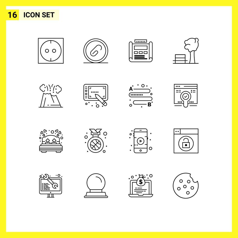 ensemble moderne de 16 contours et symboles tels que des éléments de conception vectoriels modifiables de banc de parc de conception d'arbre d'éruption vecteur