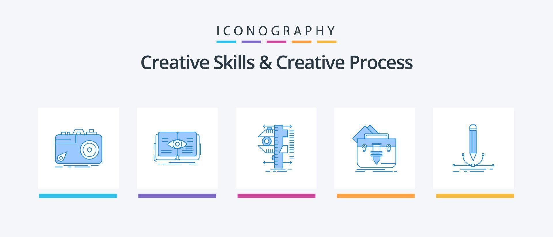 compétences créatives et pack d'icônes bleu processus créatif 5, y compris le fichier. portefeuille. voir. la mesure. étriers. conception d'icônes créatives vecteur