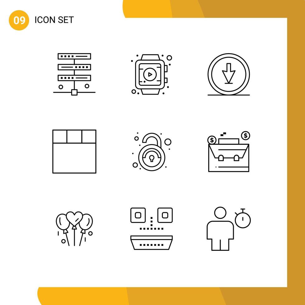 pack de 9 signes et symboles de contours modernes pour les supports d'impression Web tels que la direction de déverrouillage non sécurisée grille publique éléments de conception vectoriels modifiables vecteur