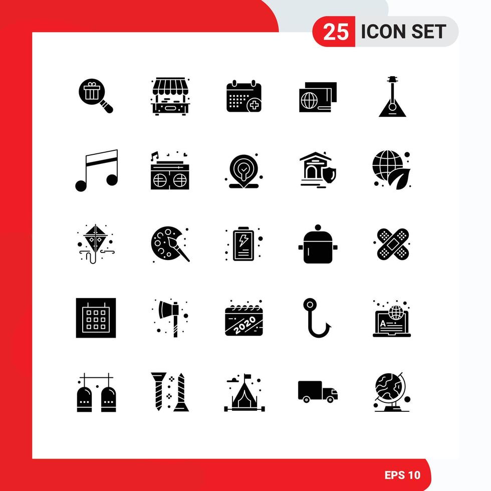 pack de 25 glyphes solides créatifs d'éléments de conception vectoriels modifiables de pass d'achat de calendrier audio d'instrument vecteur