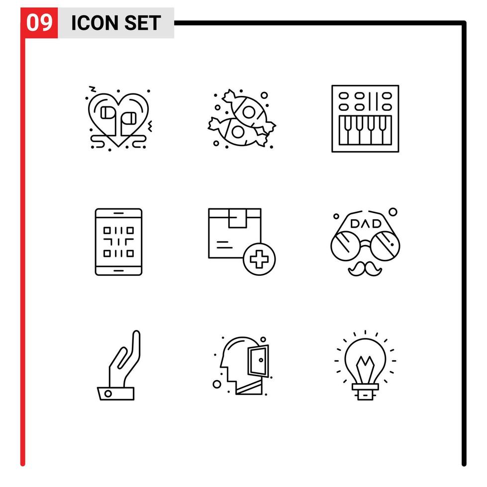 pack de 9 signes et symboles de contours modernes pour les supports d'impression Web tels que les éléments de conception vectoriels modifiables de haut-parleur de code de bonbons mobiles qr vecteur