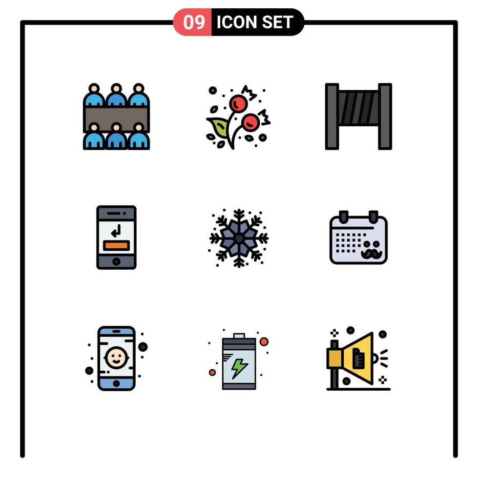 9 concept de couleur plate fillline pour les sites Web calendrier mobile et applications outils de flocon de neige téléphone de noël éléments de conception vectoriels modifiables vecteur