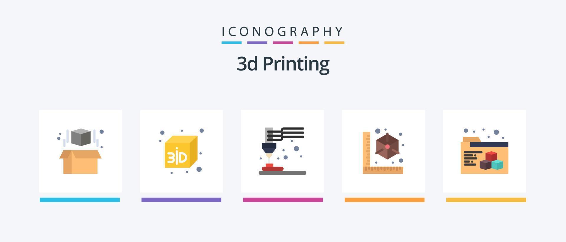 Pack d'icônes plat 5 d'impression 3d, y compris l'impression. imprimante. équipement. modèle. cube. conception d'icônes créatives vecteur