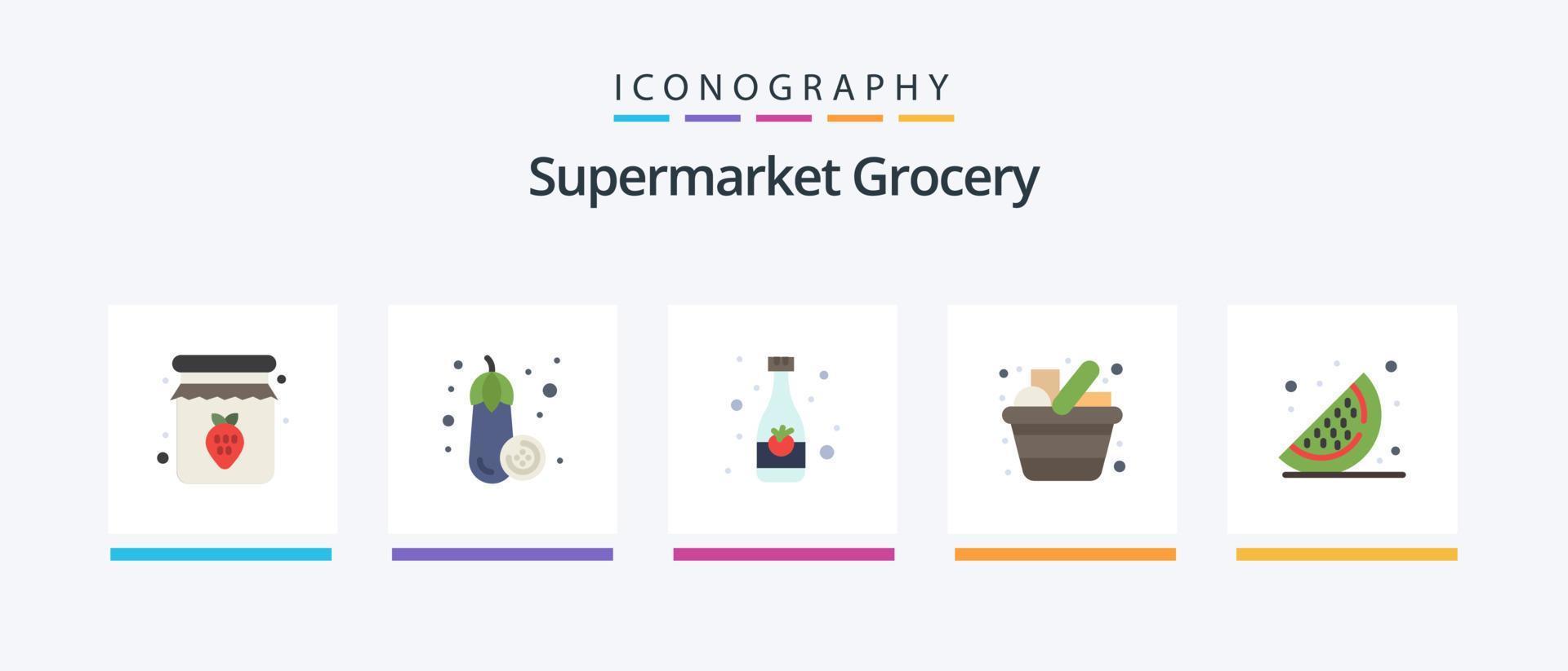 pack d'icônes épicerie plat 5 comprenant des fruits. articles. bouteille. cuisine. épicerie. conception d'icônes créatives vecteur