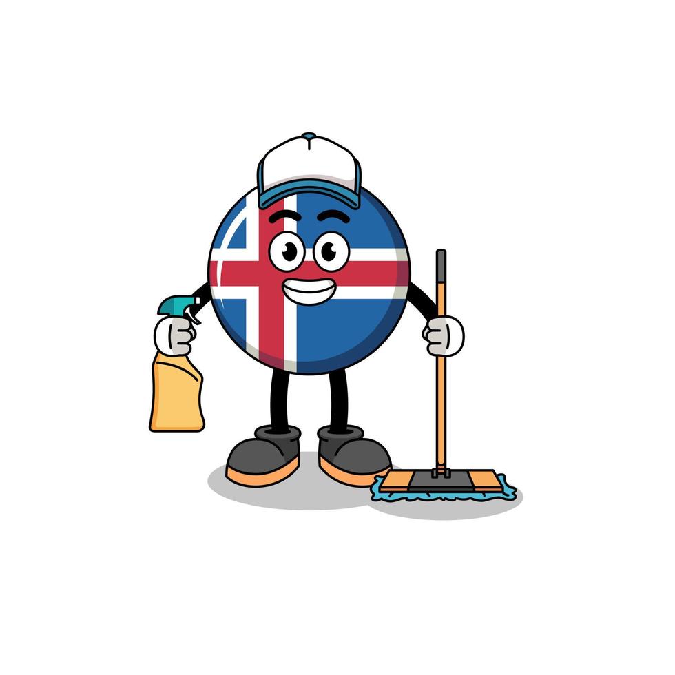 mascotte de personnage du drapeau islandais en tant que service de nettoyage vecteur