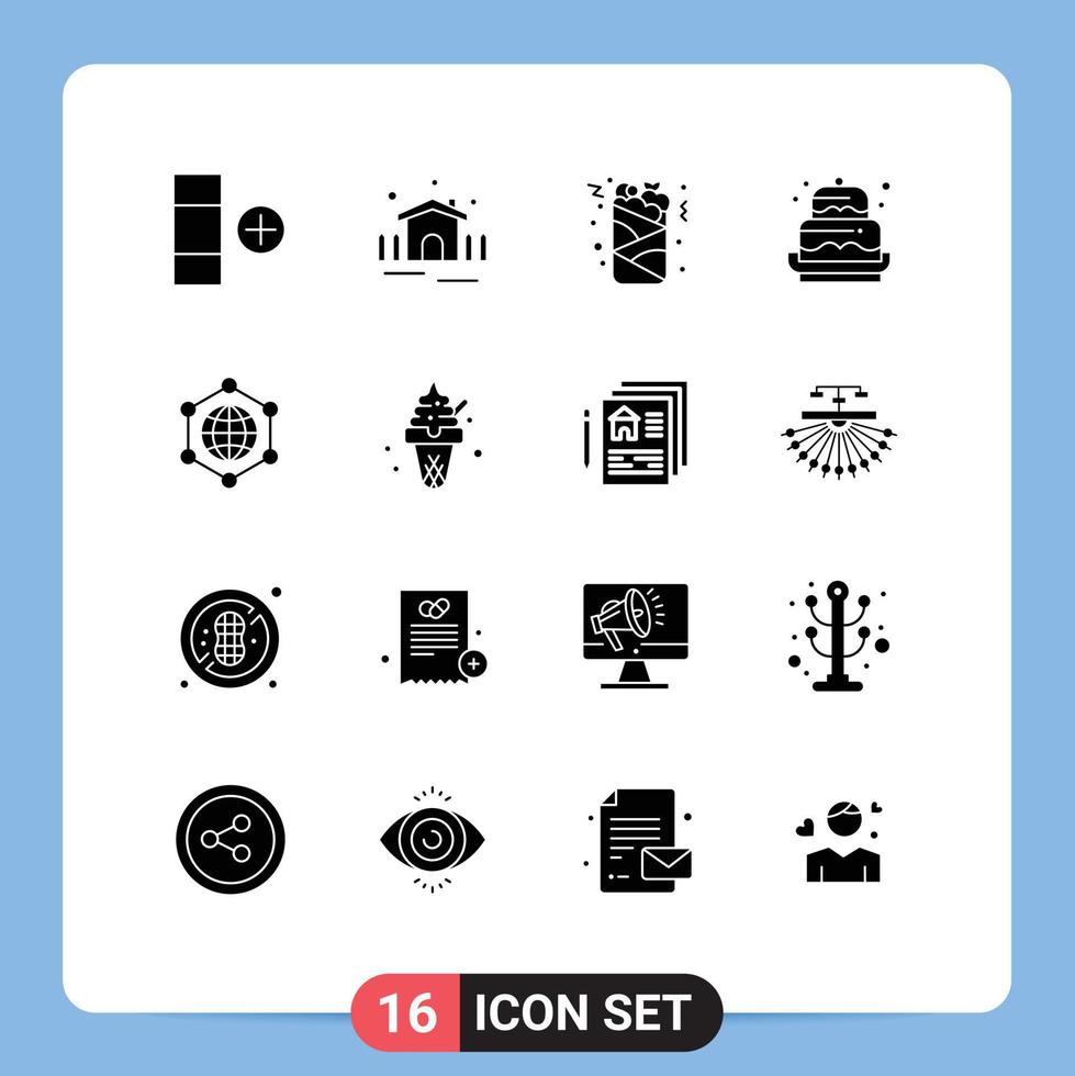 interface mobile glyphe solide ensemble de 16 pictogrammes de globe eid boisson décoration gâteau éléments de conception vectoriels modifiables vecteur