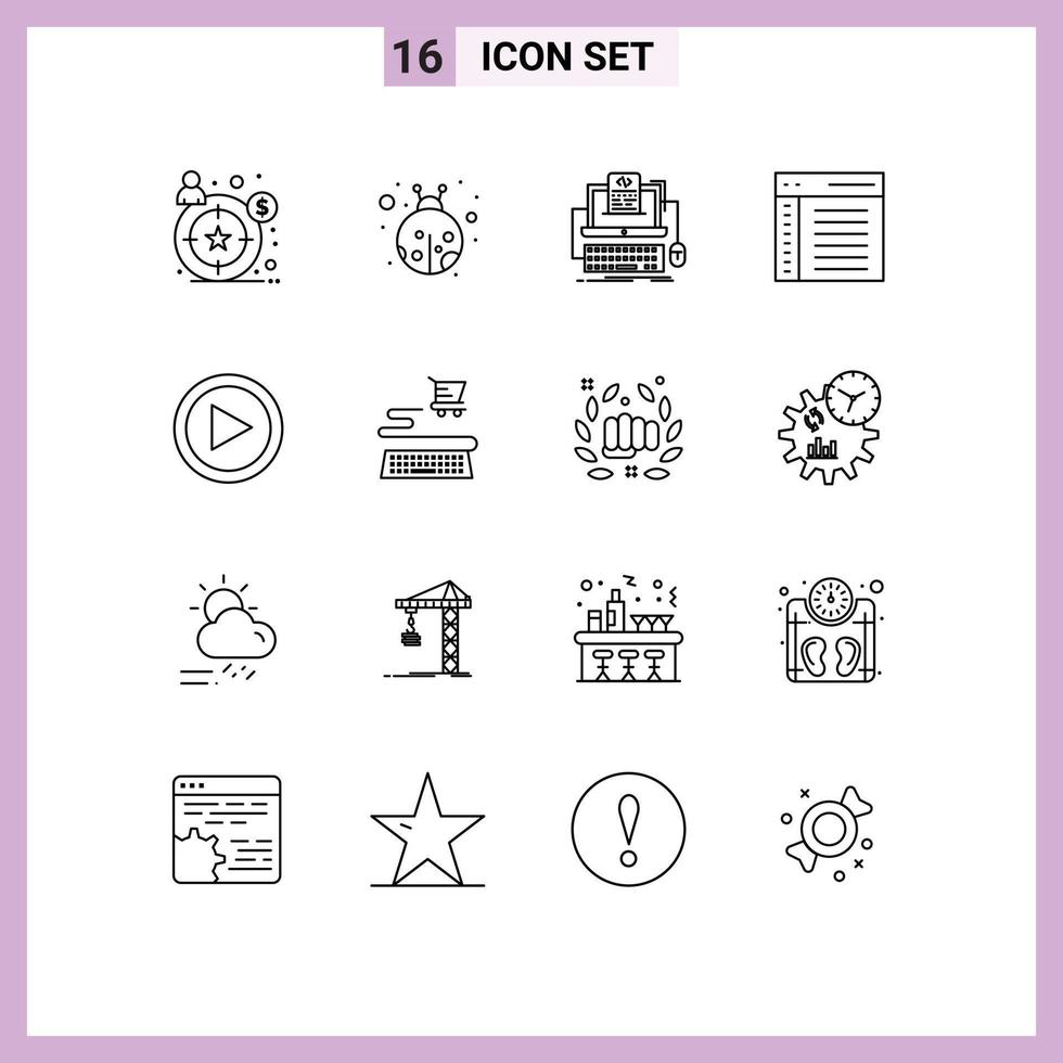 contour de l'interface mobile ensemble de 16 pictogrammes d'interface utilisateur interface ordinateur codage éléments de conception vectoriels modifiables vecteur
