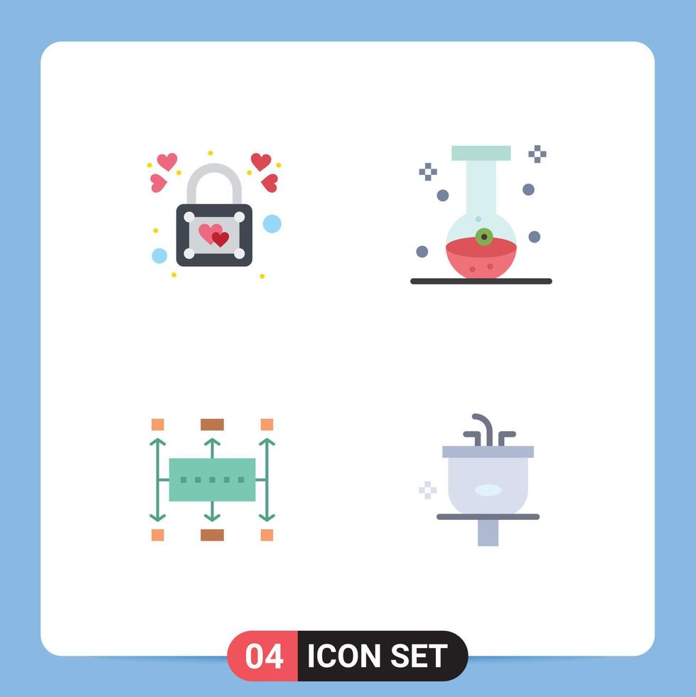 ensemble de pictogrammes de 4 icônes plates simples d'éléments de conception vectoriels modifiables d'entreprise chimique de cadenas de flux de travail cardiaque vecteur