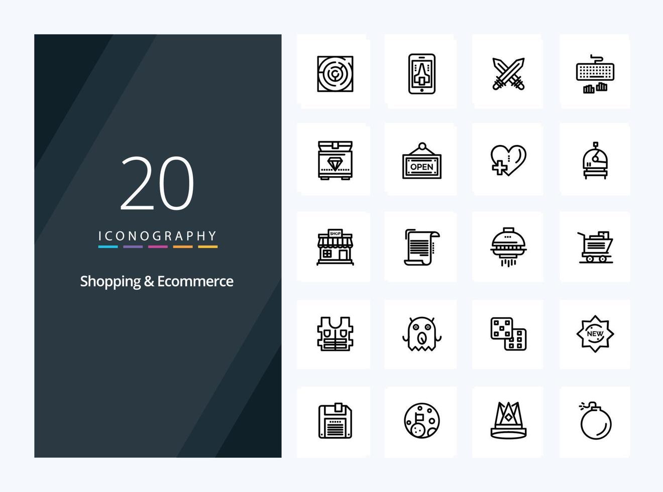 20 icônes de contour de shopping et de commerce électronique pour la présentation vecteur