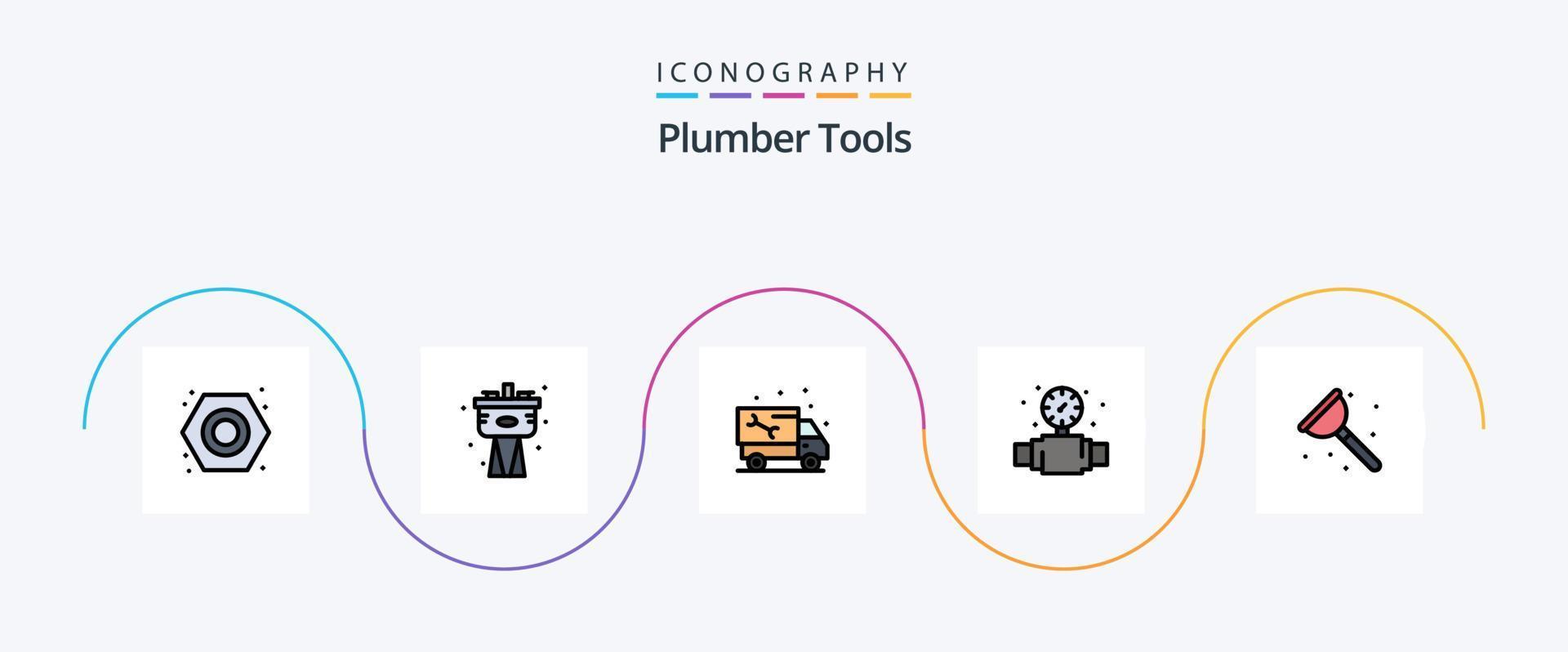 ligne de plombier remplie de 5 icônes plates, y compris la salle de bain. plombier. voiture. mécanique. camion vecteur