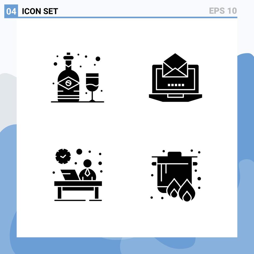 4 glyphes solides vectoriels thématiques et symboles modifiables des éléments de conception vectoriels modifiables de l'heure du courrier en verre avant de l'alcool vecteur
