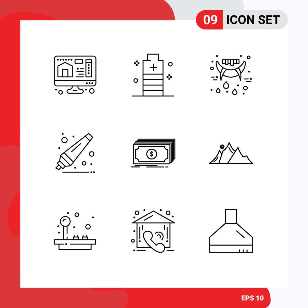 ensemble de pictogrammes de 9 contours simples de décapant d'halloween en espèces de la finance éléments de conception vectoriels modifiables de retour à l'école vecteur