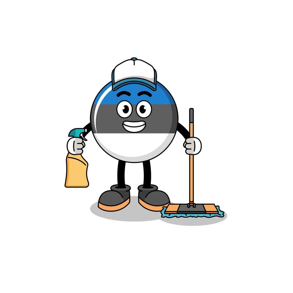 mascotte de personnage du drapeau estonien en tant que service de nettoyage vecteur